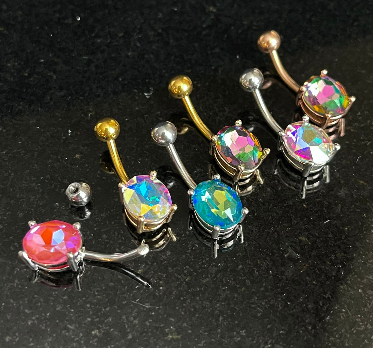 1 Piece Brilliant Prong Set Aurora Borealis Effect Oval Crystal Gem Navel/Naval Belly Ring - 14g - Available in a Variety of Colors!