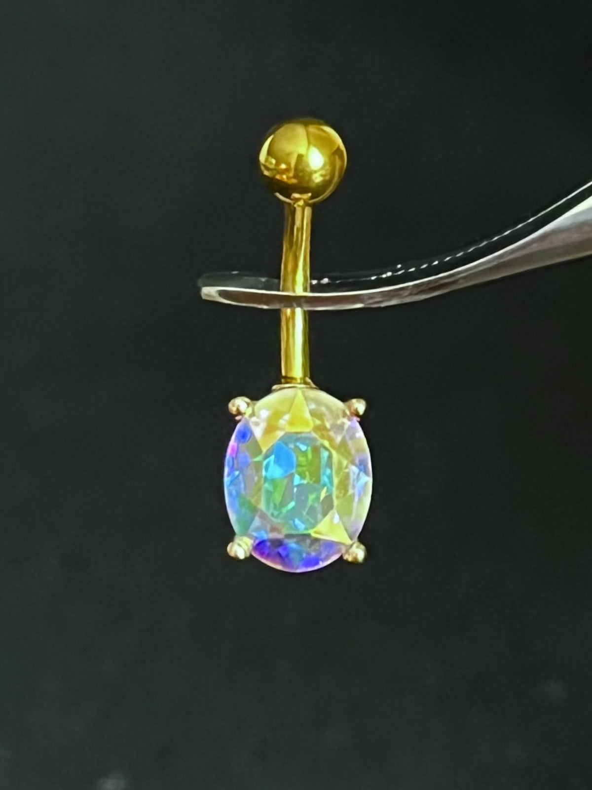 1 Piece Brilliant Prong Set Aurora Borealis Effect Oval Crystal Gem Navel/Naval Belly Ring - 14g - Available in a Variety of Colors!