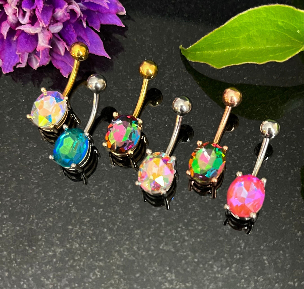 1 Piece Brilliant Prong Set Aurora Borealis Effect Oval Crystal Gem Navel/Naval Belly Ring - 14g - Available in a Variety of Colors!