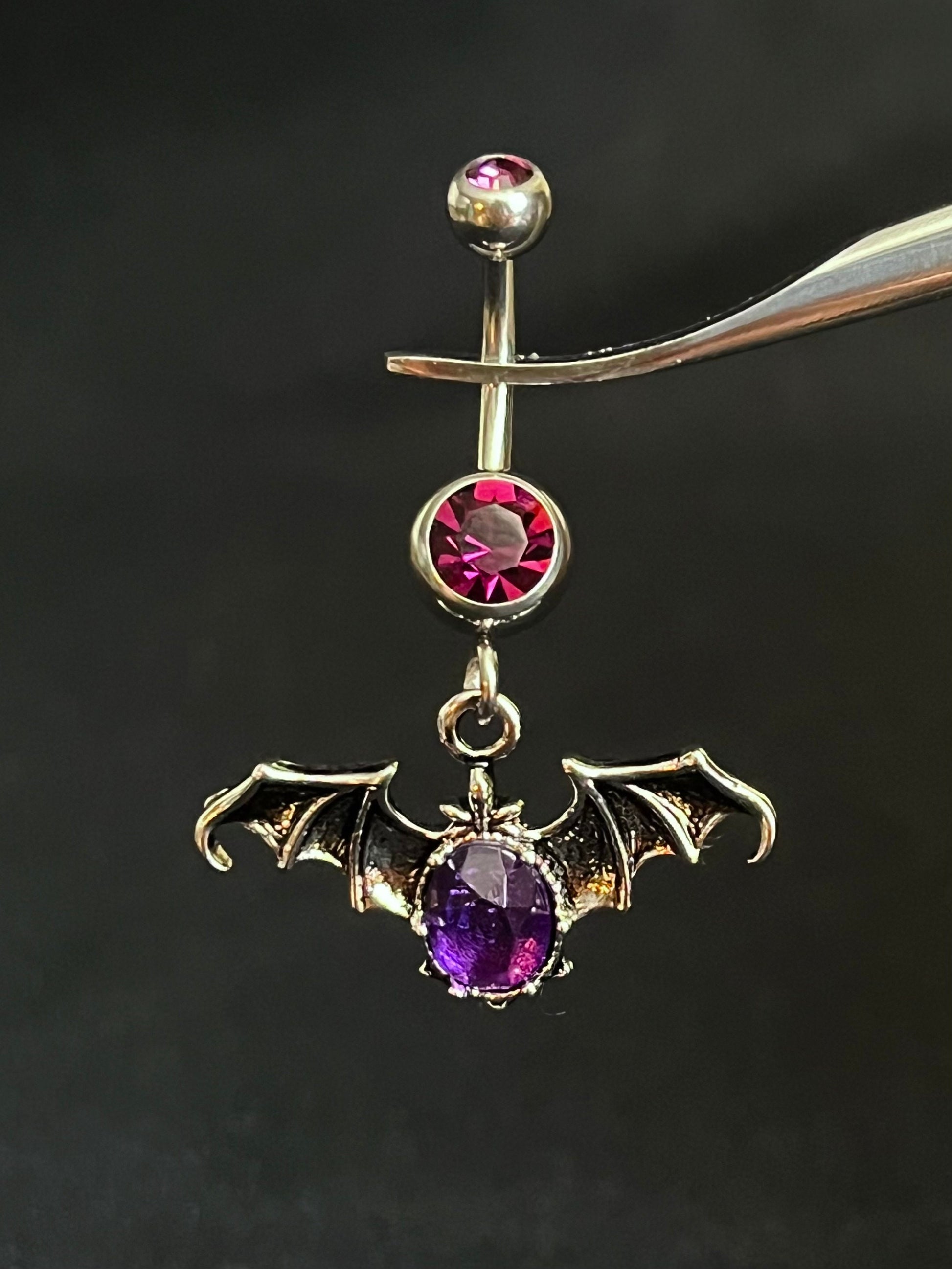 1 Piece Unusual Gothic Bat Gem Dangle Navel / Naval Belly Button Ring - 14g - 10mm - Purple and Red Available!