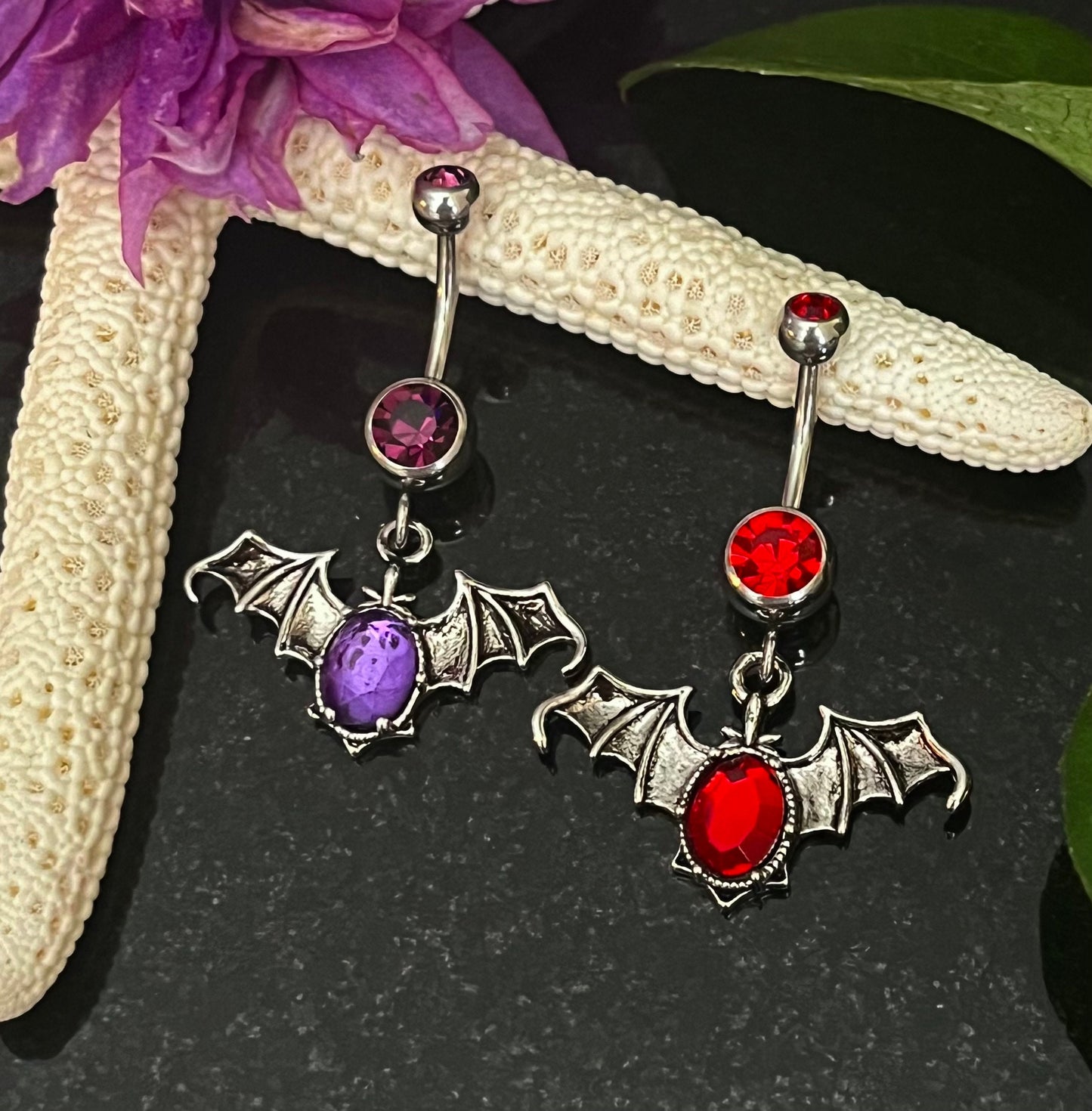 1 Piece Unusual Gothic Bat Gem Dangle Navel / Naval Belly Button Ring - 14g - 10mm - Purple and Red Available!