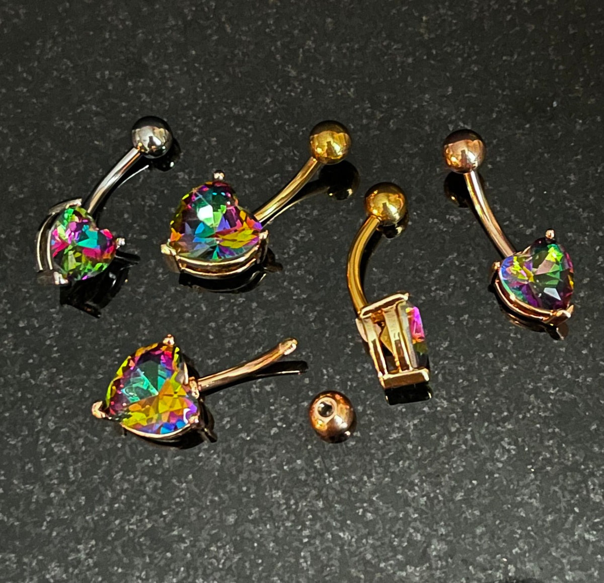 1 Piece Stunning Prong Set Aurora Borealis Effect Heart Crystal Gem Navel/Naval Belly Ring - 14g - 10mm - Available in a Variety of Colors!