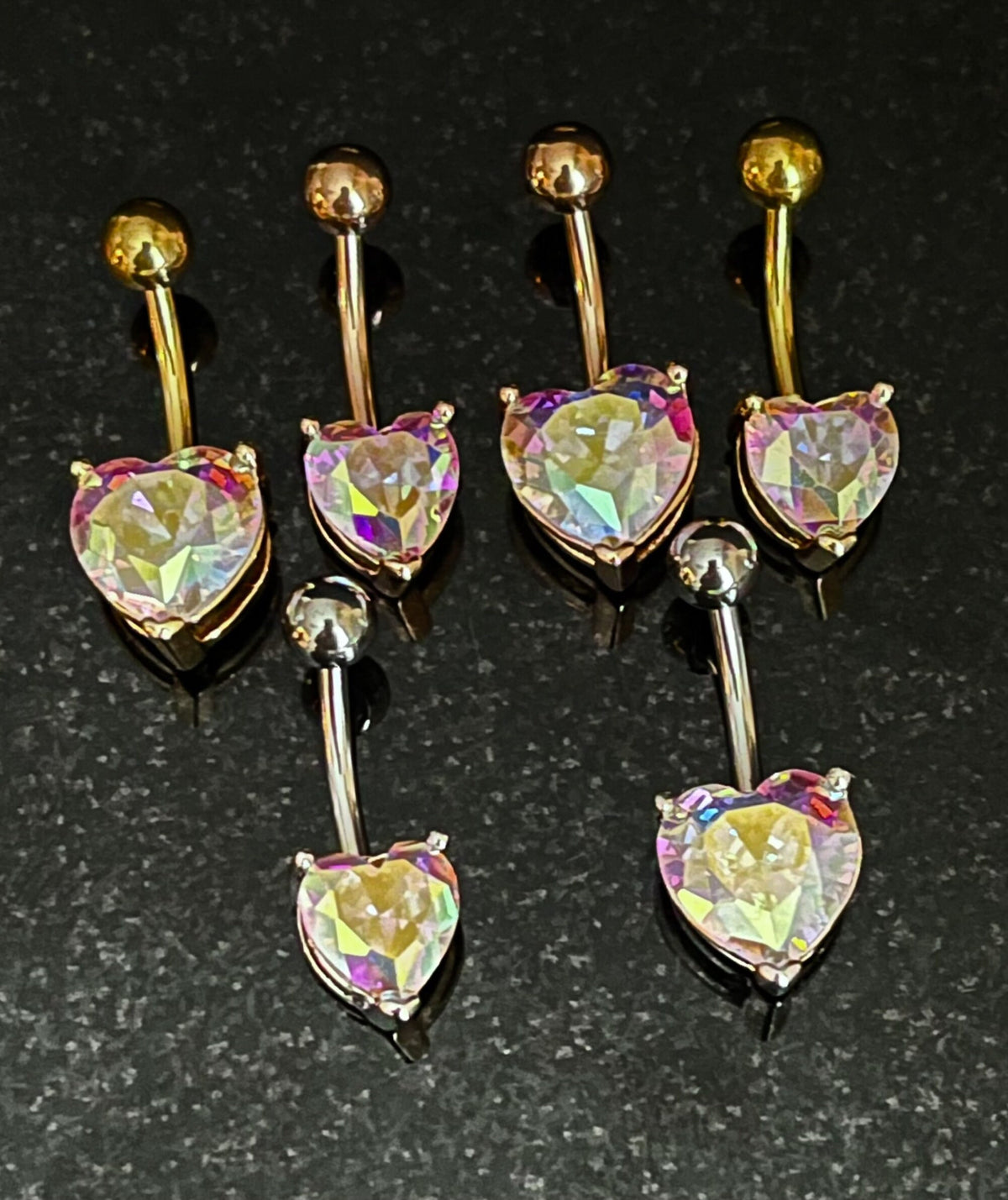 1 Piece Stunning Prong Set Aurora Borealis Effect Heart Crystal Gem Navel/Naval Belly Ring - 14g - 10mm - Available in a Variety of Colors!