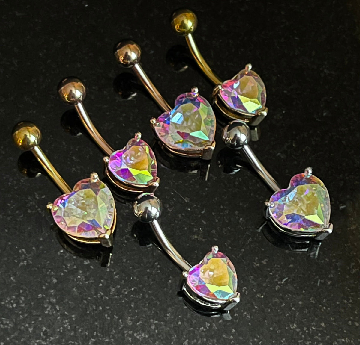 1 Piece Stunning Prong Set Aurora Borealis Effect Heart Crystal Gem Navel/Naval Belly Ring - 14g - 10mm - Available in a Variety of Colors!