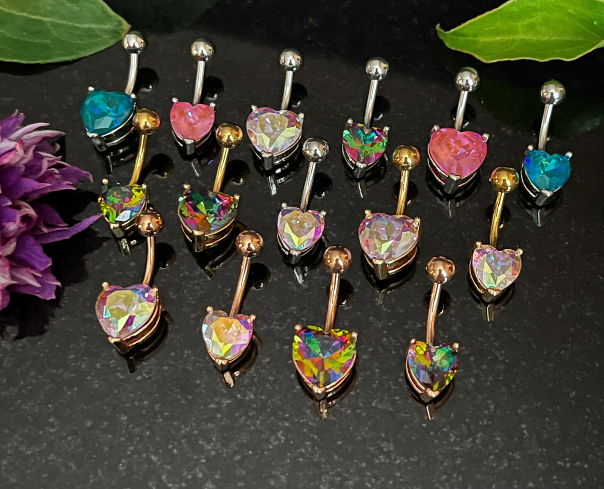1 Piece Stunning Prong Set Aurora Borealis Effect Heart Crystal Gem Navel/Naval Belly Ring - 14g - 10mm - Available in a Variety of Colors!
