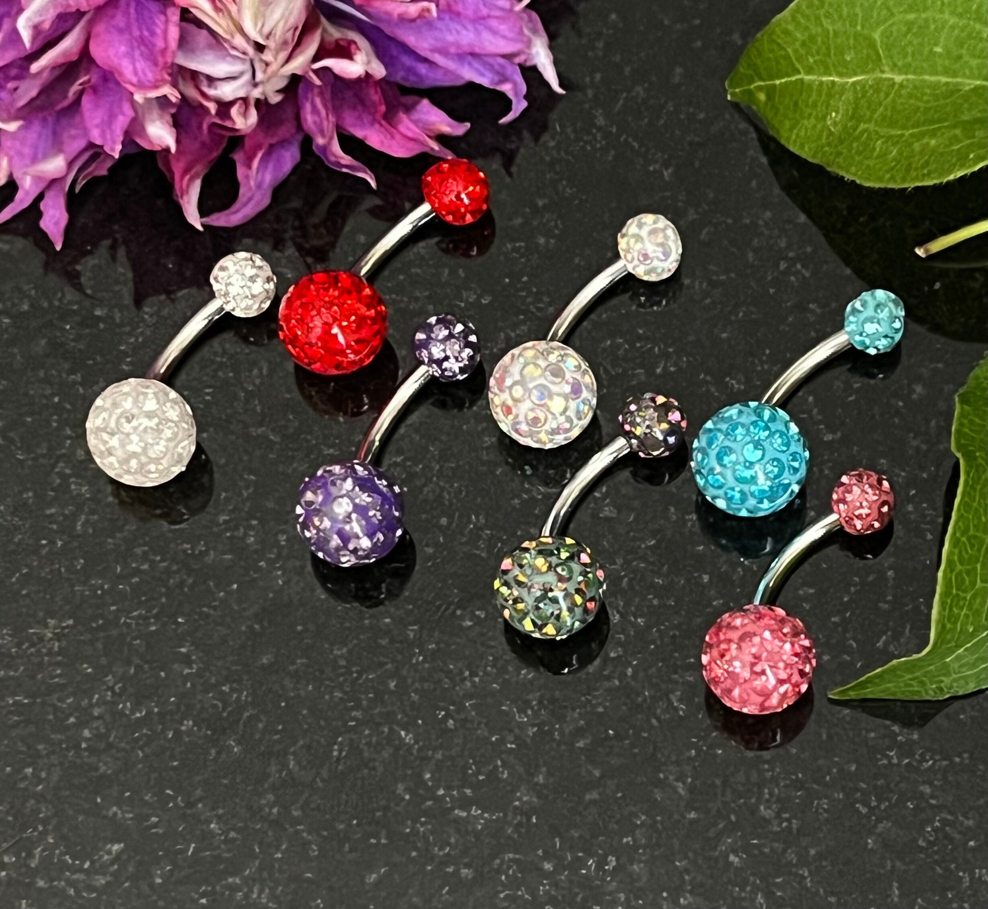 1 Piece Stunning Epoxy Coated Crystal Paved Balls Surgical Steel Navel/Naval Belly Ring - 14g - 10mm - Available in a Variety of Colors!