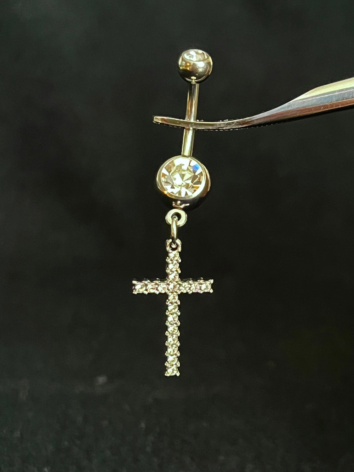 1 Piece Stunning Crystal Gem Paved Cross Dangle Navel / Naval Belly Button Ring - 14g - 10mm - Gold, Silver and Rose Gold Available!