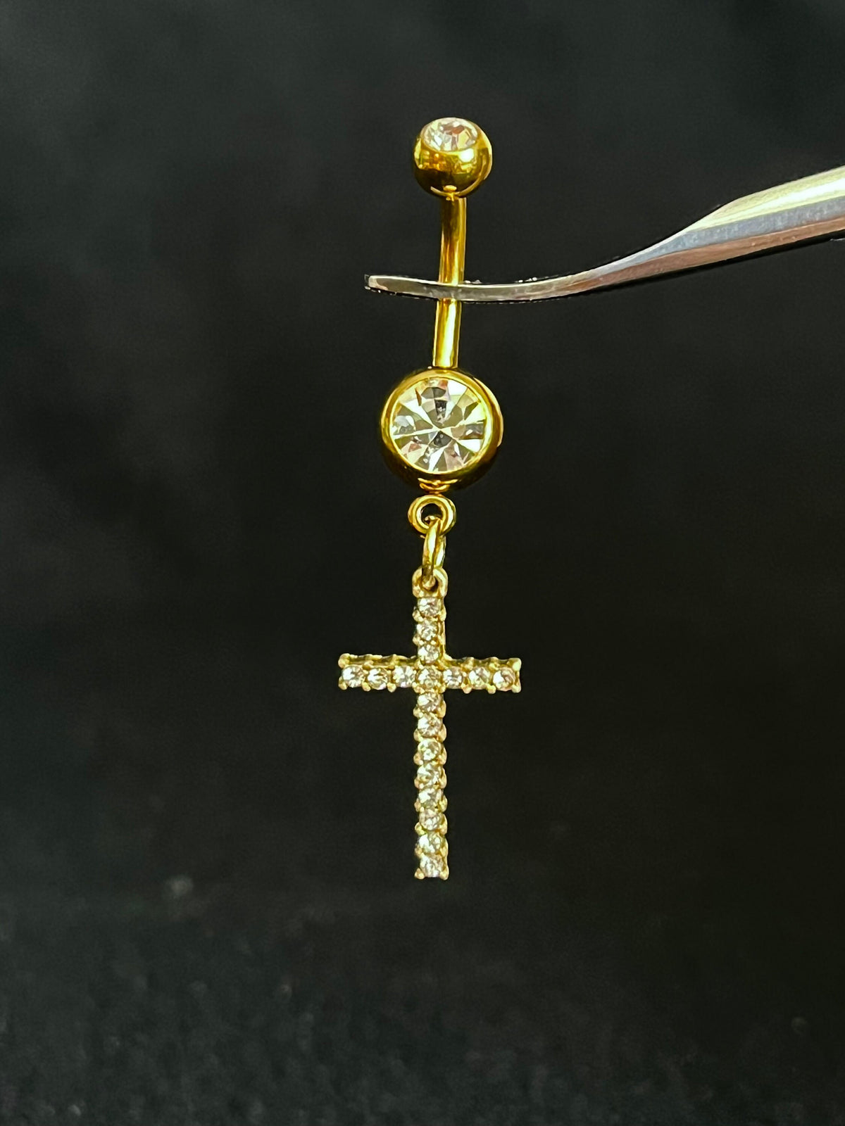 1 Piece Stunning Crystal Gem Paved Cross Dangle Navel / Naval Belly Button Ring - 14g - 10mm - Gold, Silver and Rose Gold Available!