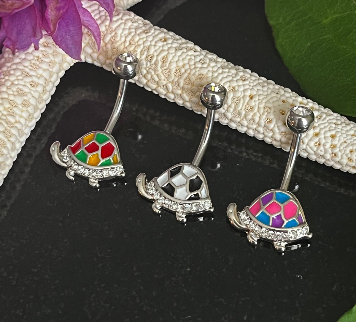 1 Piece Beautiful Enamel Turtle Navel / Naval Belly Ring - 14g - 10mm Bar Length - Black, Pink and Red Available!