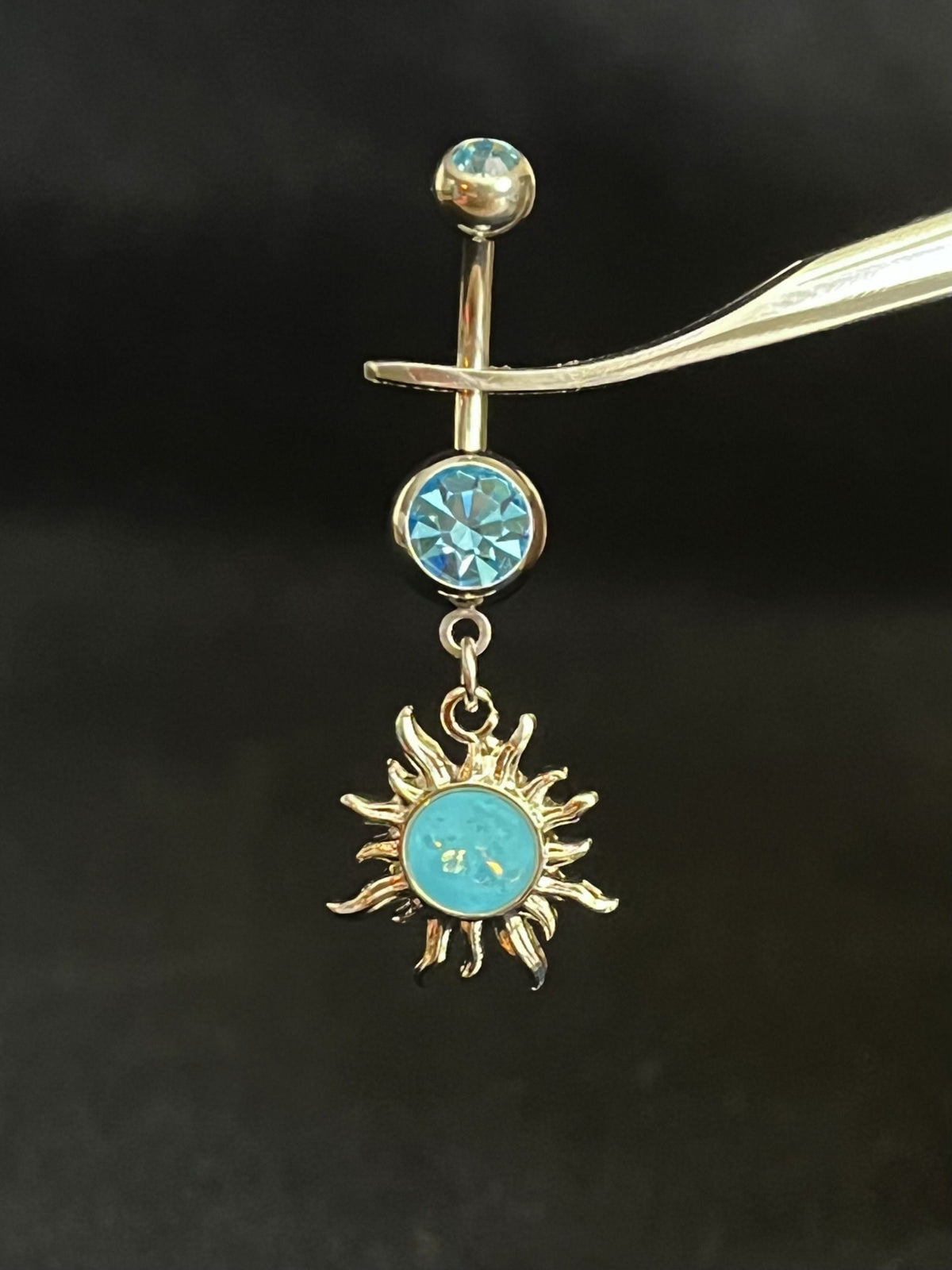 1 Piece Stunning Tribal Sun Opal Glitter Dangle Navel / Naval Belly Ring - 14g - 10mm - Available in Clear, Aqua, Pink, Gold and Rose Gold!