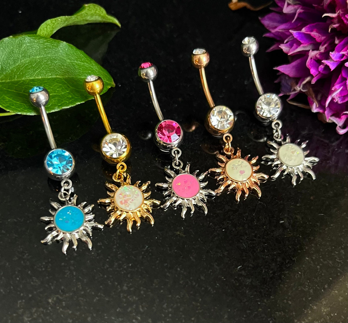 1 Piece Stunning Tribal Sun Opal Glitter Dangle Navel / Naval Belly Ring - 14g - 10mm - Available in Clear, Aqua, Pink, Gold and Rose Gold!