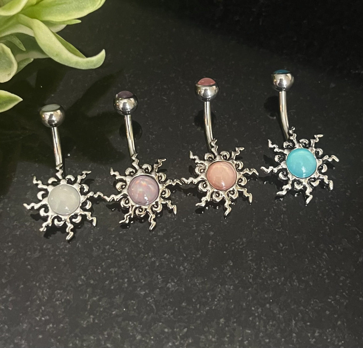 1 Piece Beautiful Tribal Sun Illuminating Stone Ring Navel / Naval Belly Ring - 14g - 10mm - Available in Clear, Pink, Aqua & Purple!