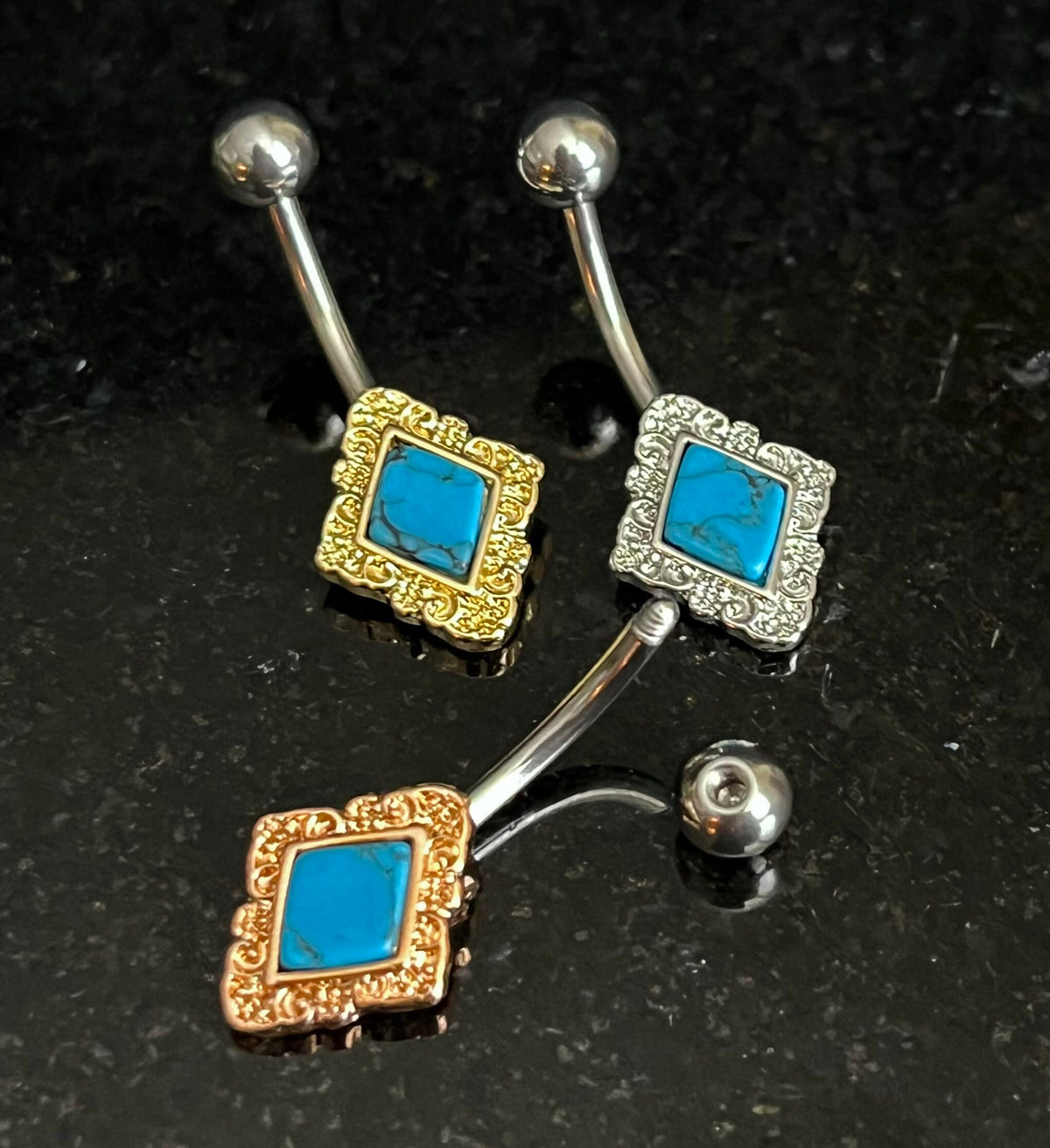 1 Piece Stunning Diamond-Shaped Filigree Edge Turquoise Navel / Naval Belly Button Ring - 14g - 10mm - Silver, Gold and Rose Gold Available!