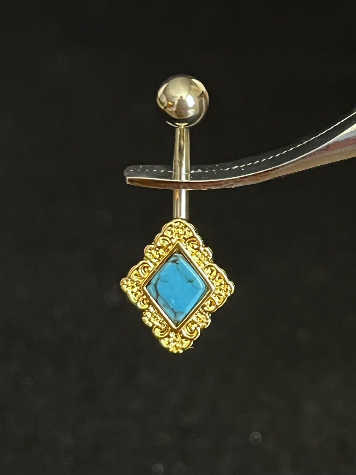 1 Piece Stunning Diamond-Shaped Filigree Edge Turquoise Navel / Naval Belly Button Ring - 14g - 10mm - Silver, Gold and Rose Gold Available!