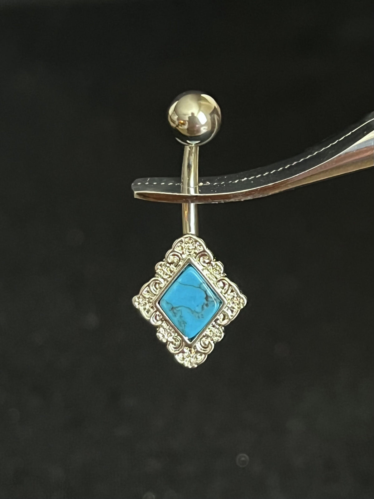 1 Piece Stunning Diamond-Shaped Filigree Edge Turquoise Navel / Naval Belly Button Ring - 14g - 10mm - Silver, Gold and Rose Gold Available!