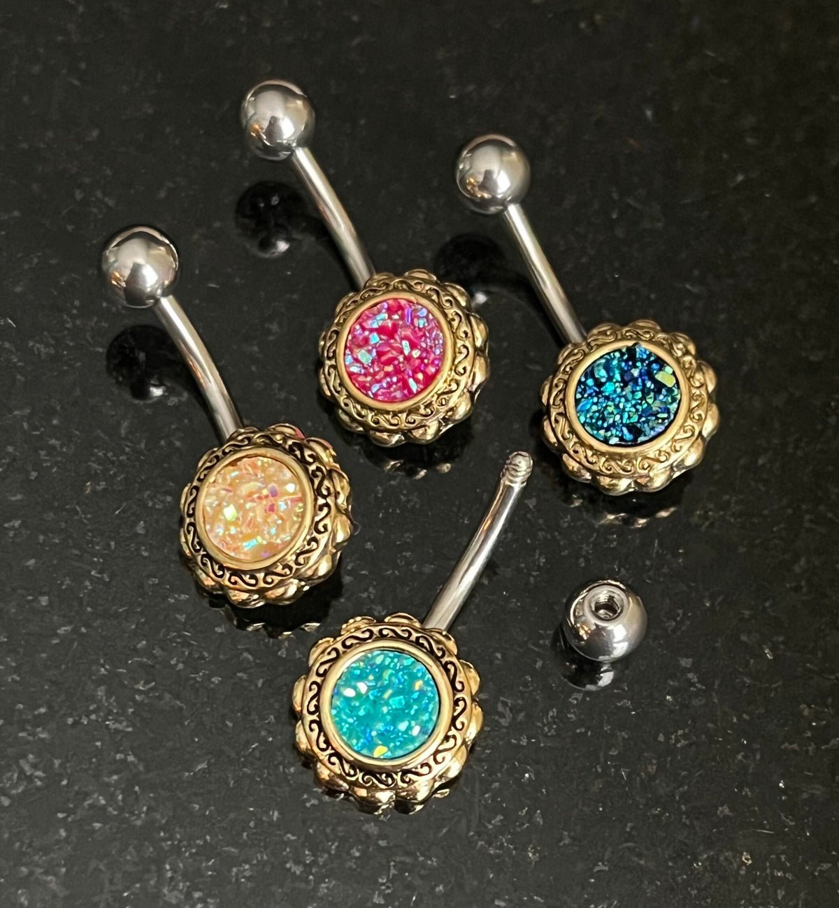 1 Piece Beautiful Druzy Stone Gold Filigree Flower Navel / Naval Belly Ring - 14g - 10mm - Available in Aqua, Pink, Black/Blue & White:)