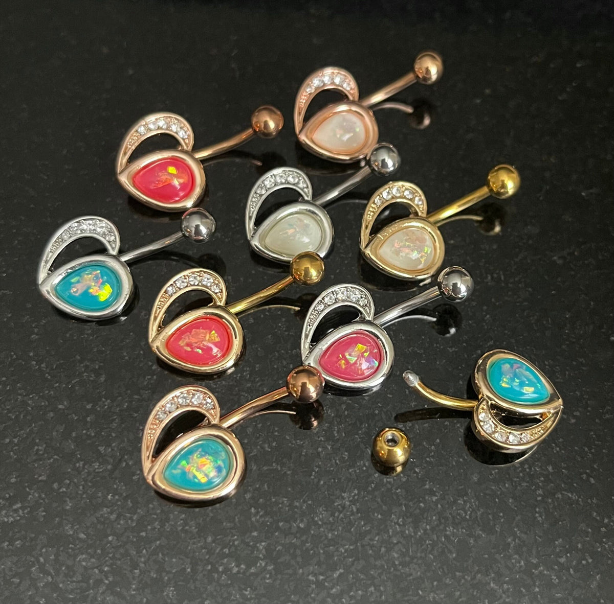 1 Piece Brilliant Crystal Paved Heart with Opal Glitter Navel/Naval Belly Ring - 14g - Aqua, Pink & White in Silver, Gold and Rose Gold!