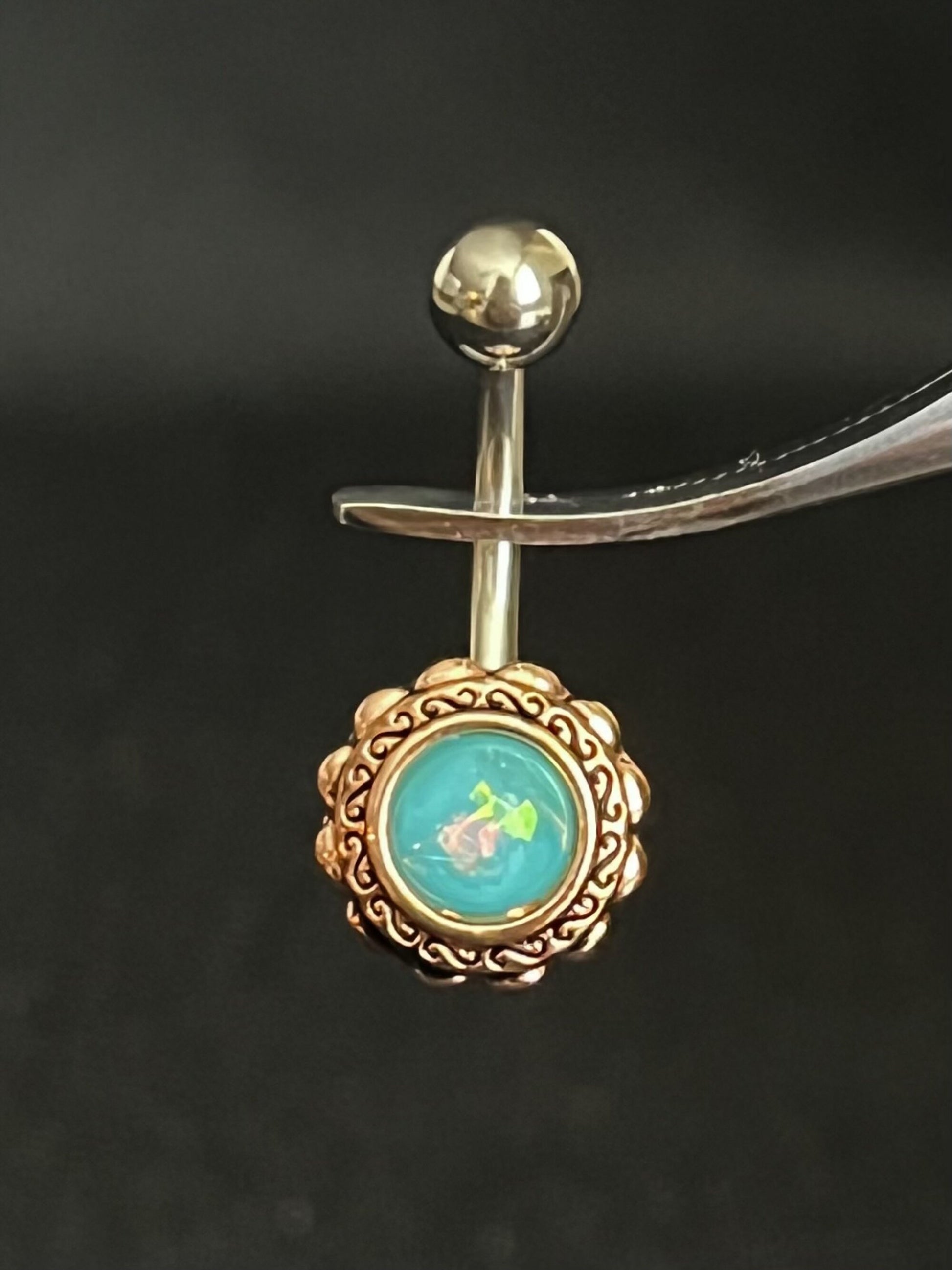 1 Piece Stunning Rose Gold Filigree Flower Opal Glitter Center Navel / Naval Belly Ring - 14g - Aqua, White, Pink & Green Available:)