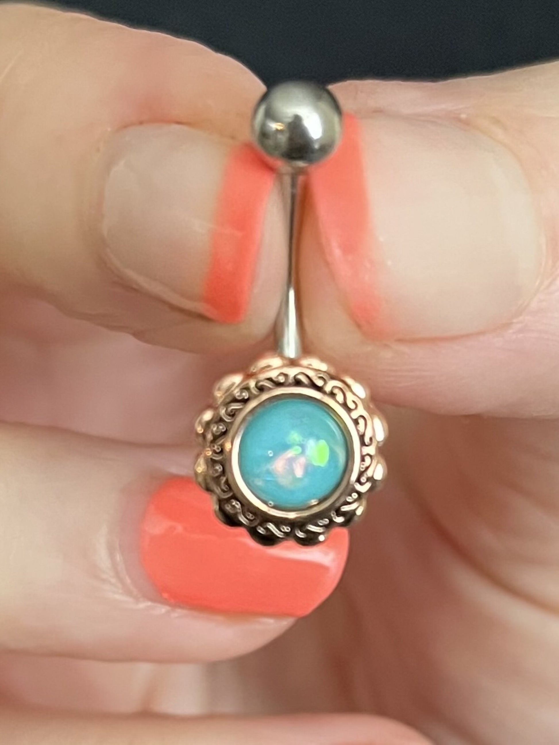 1 Piece Stunning Rose Gold Filigree Flower Opal Glitter Center Navel / Naval Belly Ring - 14g - Aqua, White, Pink & Green Available:)