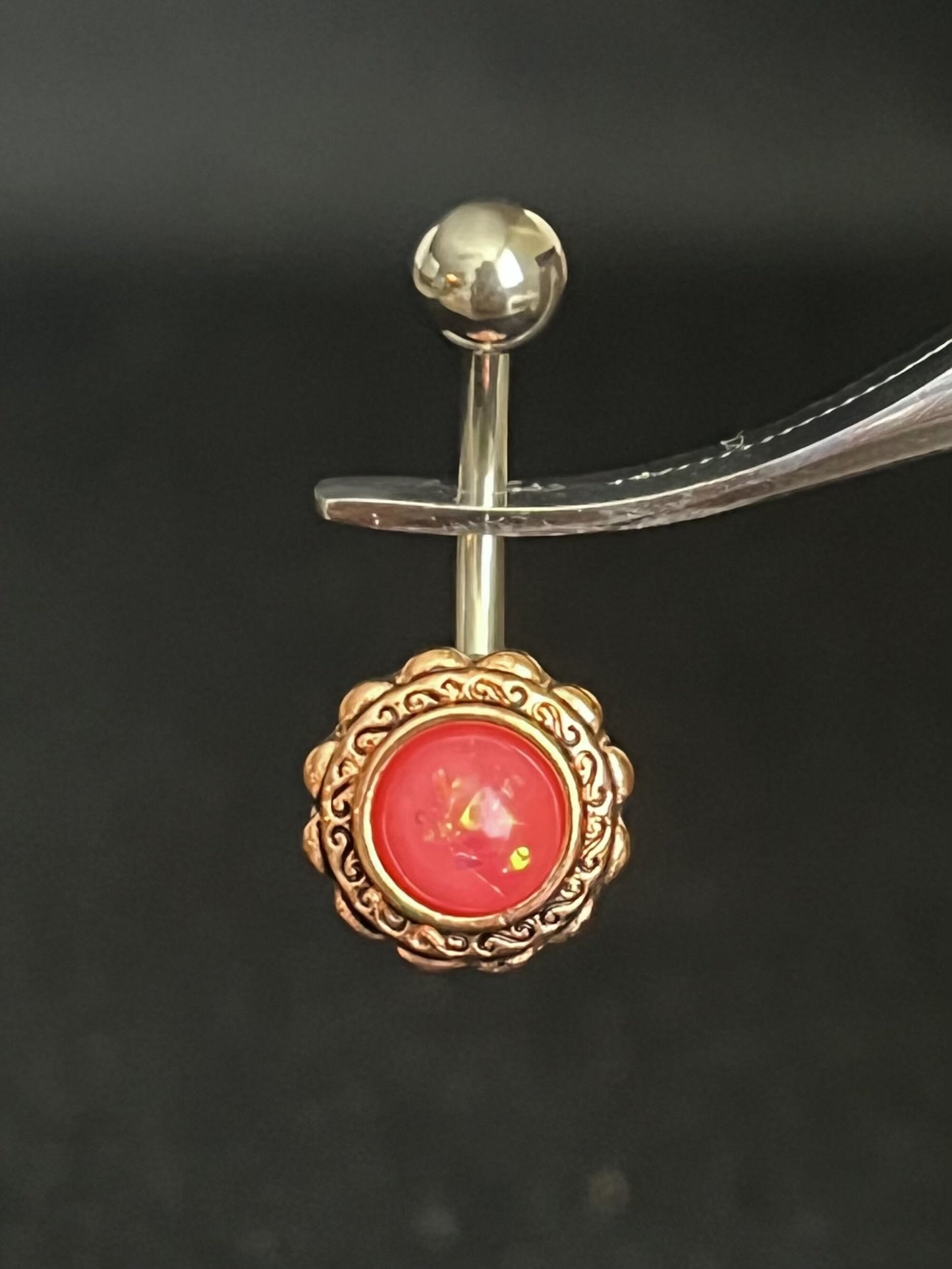 1 Piece Stunning Rose Gold Filigree Flower Opal Glitter Center Navel / Naval Belly Ring - 14g - Aqua, White, Pink & Green Available:)