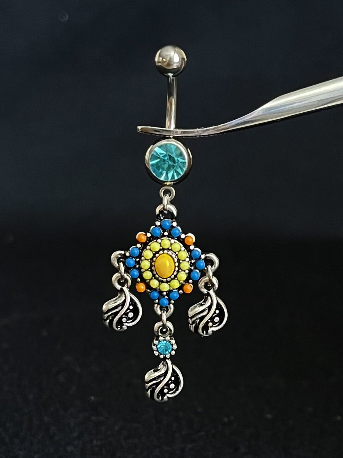 1 Piece Stunning Paved Beaded Tribal with Filigree Dangles Navel / Naval Belly Ring - 14g - 10mm - Gold and Silver Available!