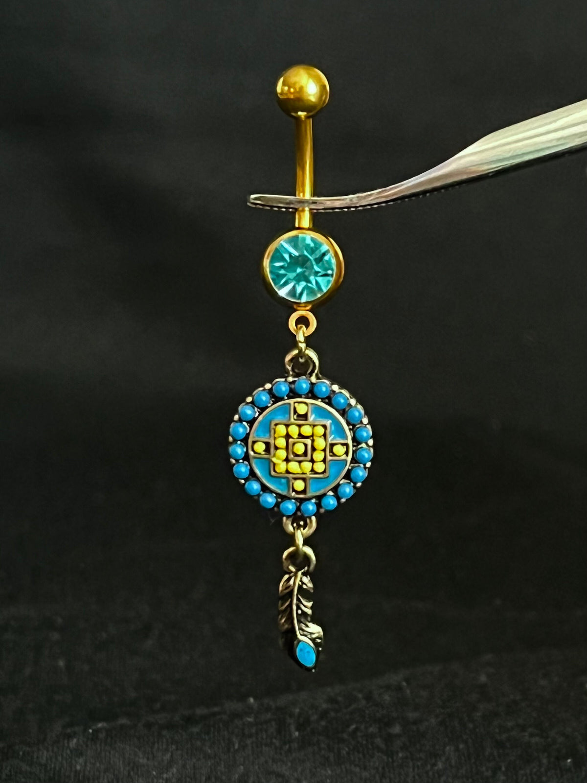 1 Piece Unique Aztec Turquoise Paved Circle with Feather Dangle Navel / Naval Belly Ring - 14g - 10mm - Gold and Silver Available!
