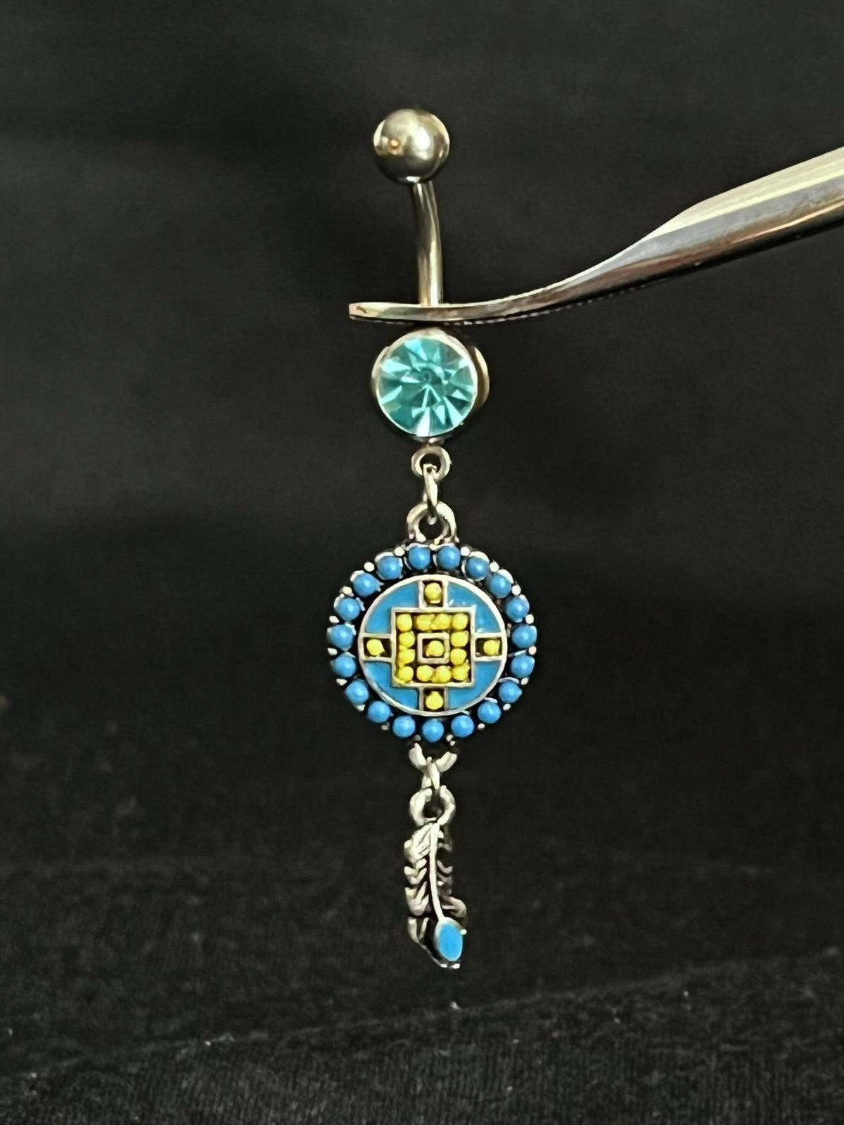 1 Piece Unique Aztec Turquoise Paved Circle with Feather Dangle Navel / Naval Belly Ring - 14g - 10mm - Gold and Silver Available!