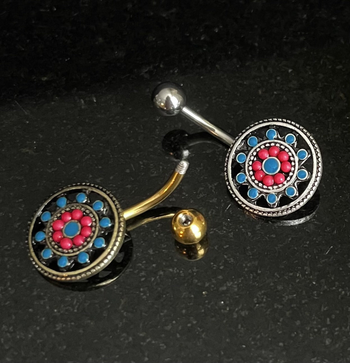 1 Piece Unique Aztec Turquoise Paved Circle with Feather Dangle Navel / Naval Belly Ring - 14g - 10mm - Gold and Silver Available!
