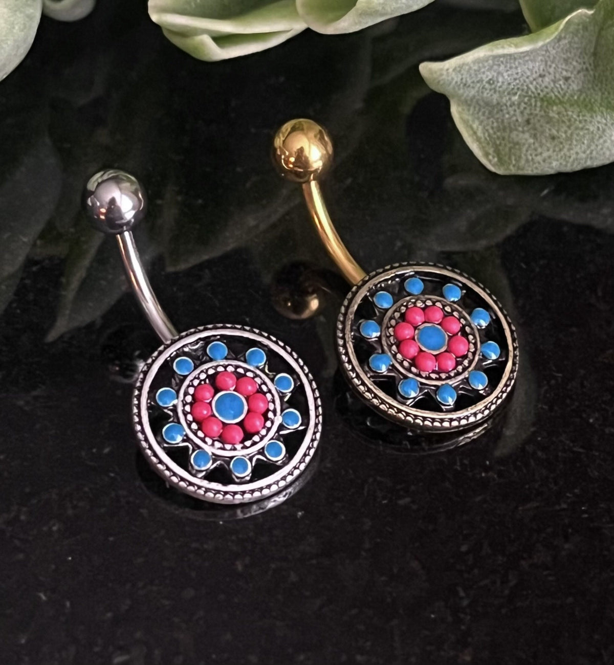 1 Piece Unique Aztec Turquoise Paved Circle with Feather Dangle Navel / Naval Belly Ring - 14g - 10mm - Gold and Silver Available!