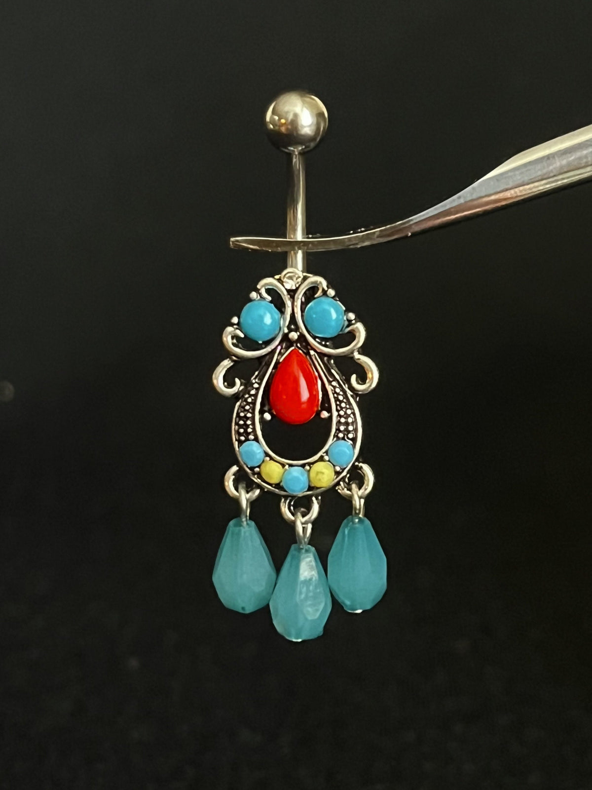 1 Piece Unique Turquoise Set Tribal Filigree with Dangles Navel / Naval Belly Ring - 14g - 10mm - Gold and Silver Available!