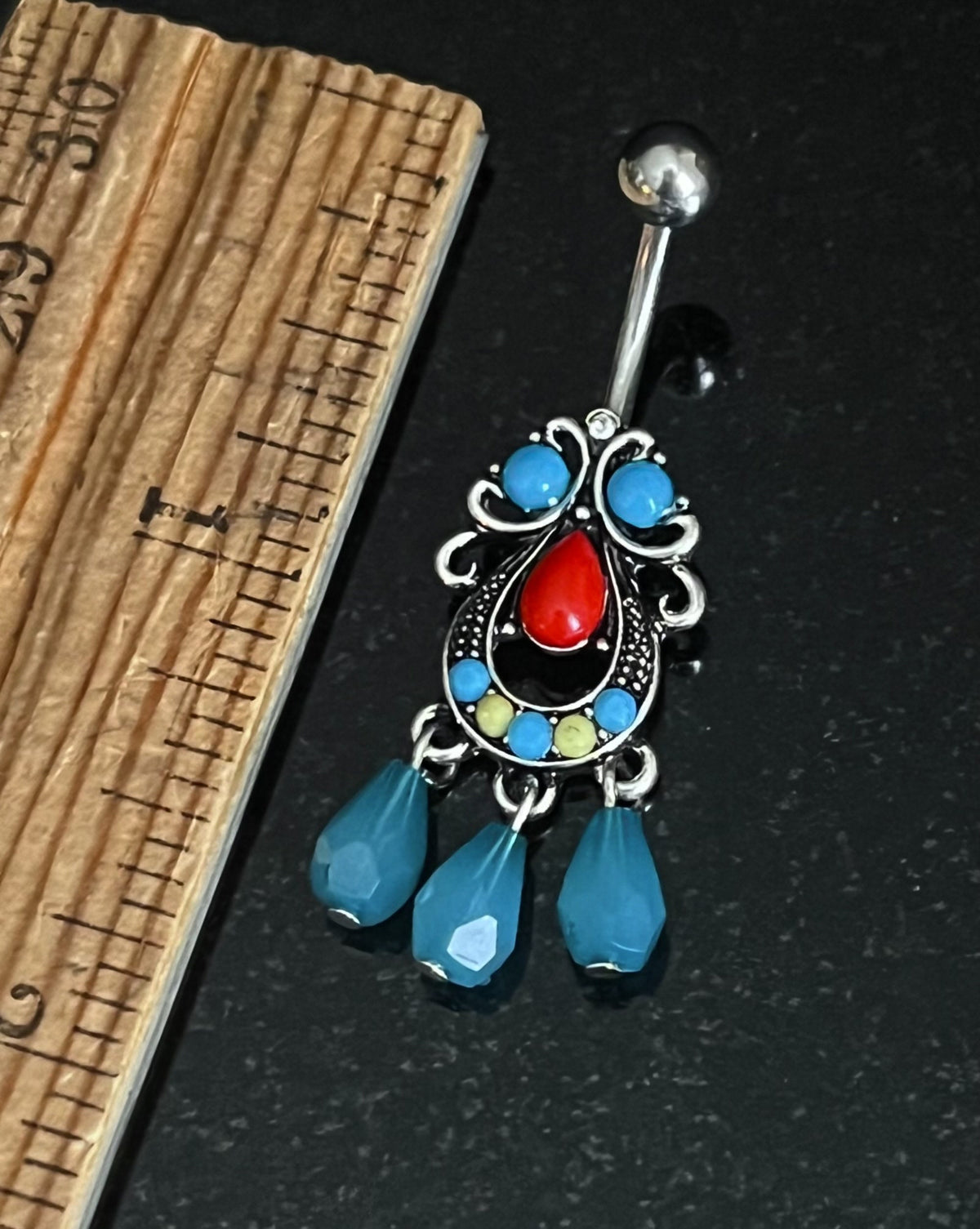 1 Piece Unique Turquoise Set Tribal Filigree with Dangles Navel / Naval Belly Ring - 14g - 10mm - Gold and Silver Available!