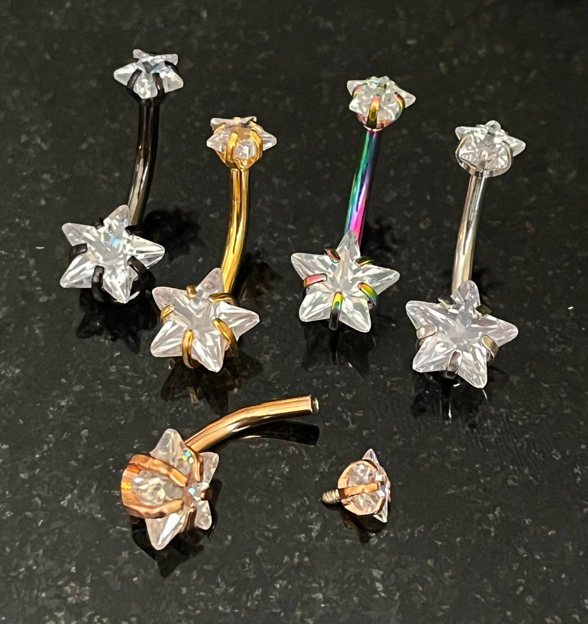1 Piece Brilliant Prong Set CZ Gem Double Star Internally Threaded Navel/Naval Belly Ring - 14g - 10mm - Available in a Variety of Colors:)