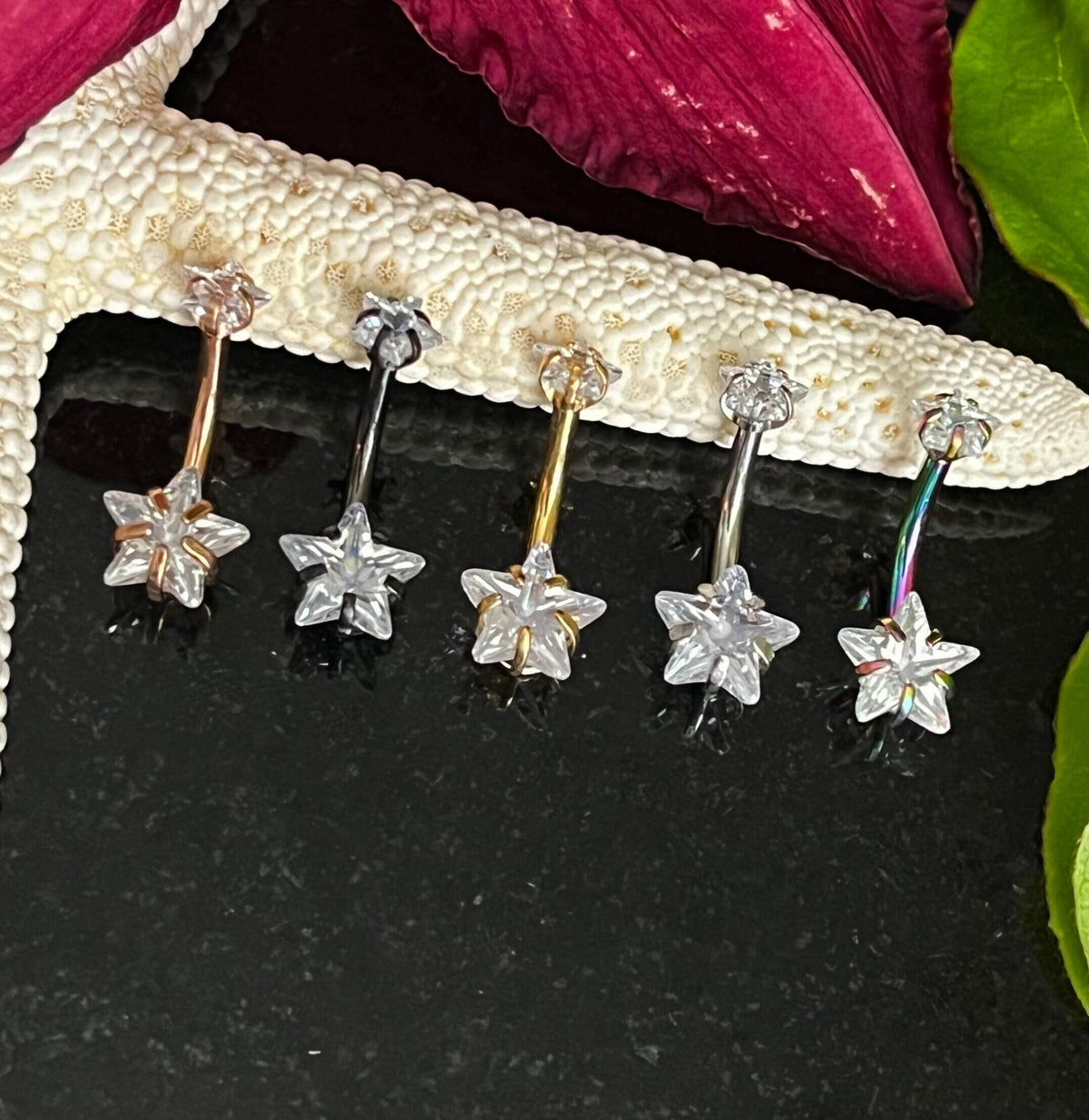 1 Piece Brilliant Prong Set CZ Gem Double Star Internally Threaded Navel/Naval Belly Ring - 14g - 10mm - Available in a Variety of Colors:)