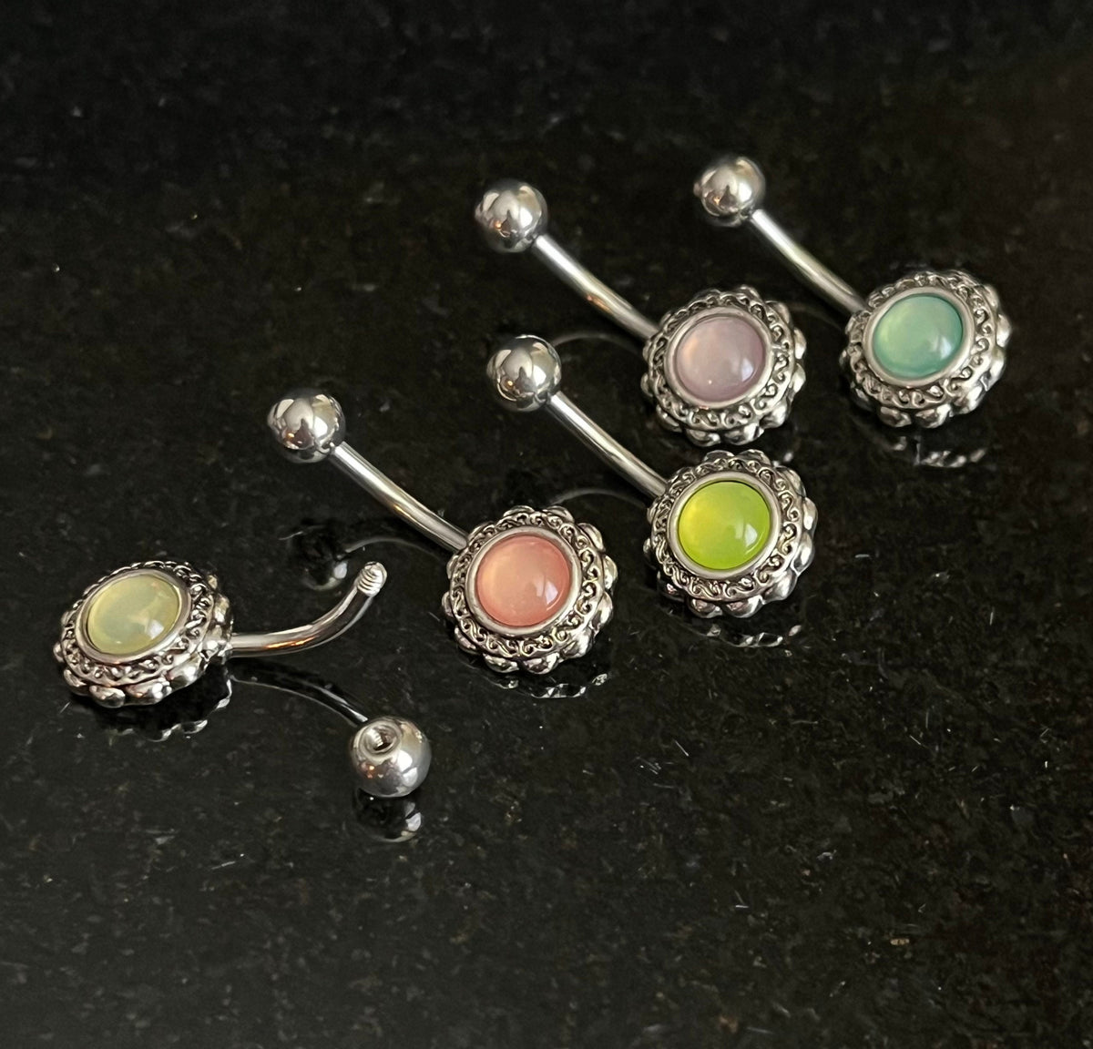 1 Piece Stunning Filigree Flower Illuminating Stone Navel / Naval Belly Ring - 14g - 10mm - Available in a Variety of Colors!