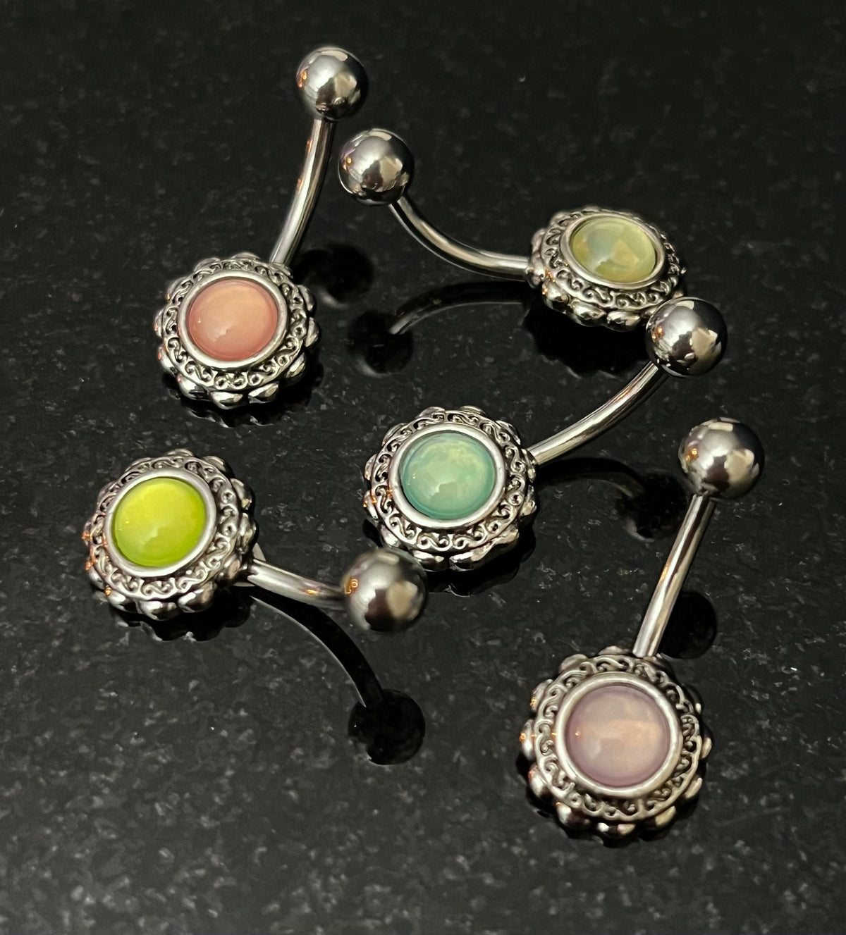 1 Piece Stunning Filigree Flower Illuminating Stone Navel / Naval Belly Ring - 14g - 10mm - Available in a Variety of Colors!