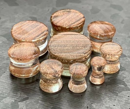 PAIR of Unique Golden Sand Design Glass Double Flare Plugs - Gauges 4g (5mm) thru 3/4" (19mm) Available!