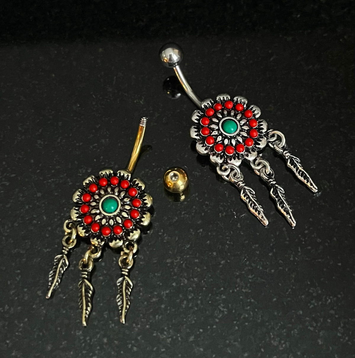 1 Piece Unique Tribal Flower Belly Button Ring with Feather Dangles Navel / Naval - 14g - 10mm - Gold and Silver Available!