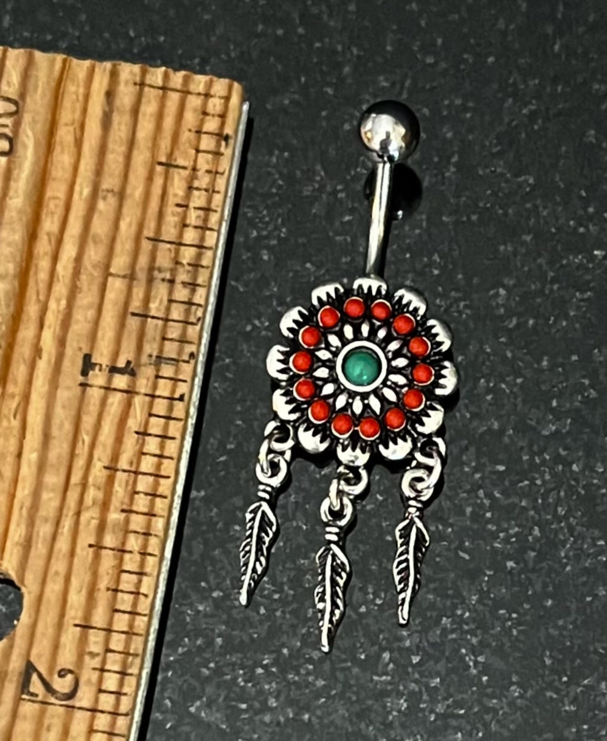 1 Piece Unique Tribal Flower Belly Button Ring with Feather Dangles Navel / Naval - 14g - 10mm - Gold and Silver Available!