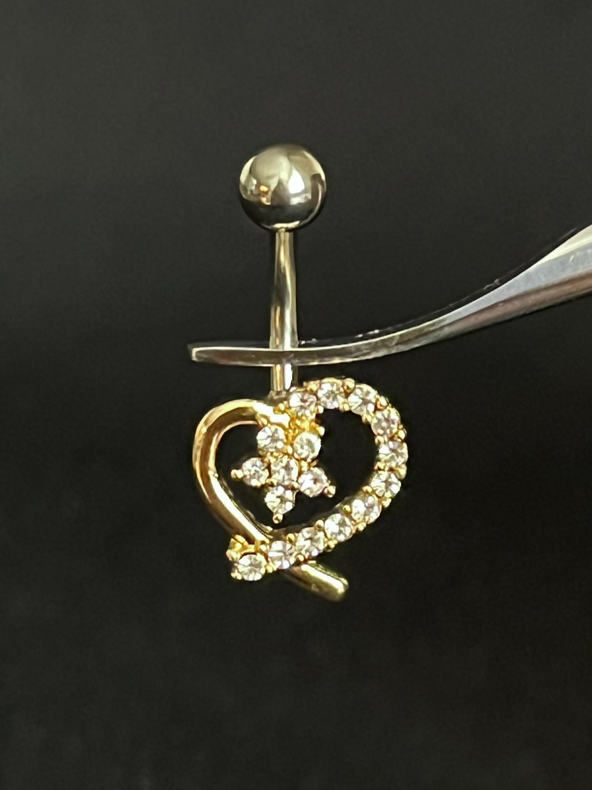 1 Piece Stunning Heart with Flower Center CZ Gem Navel / Naval Belly Ring - 14g - 10mm - Gold, Steel and Rose Gold Available!