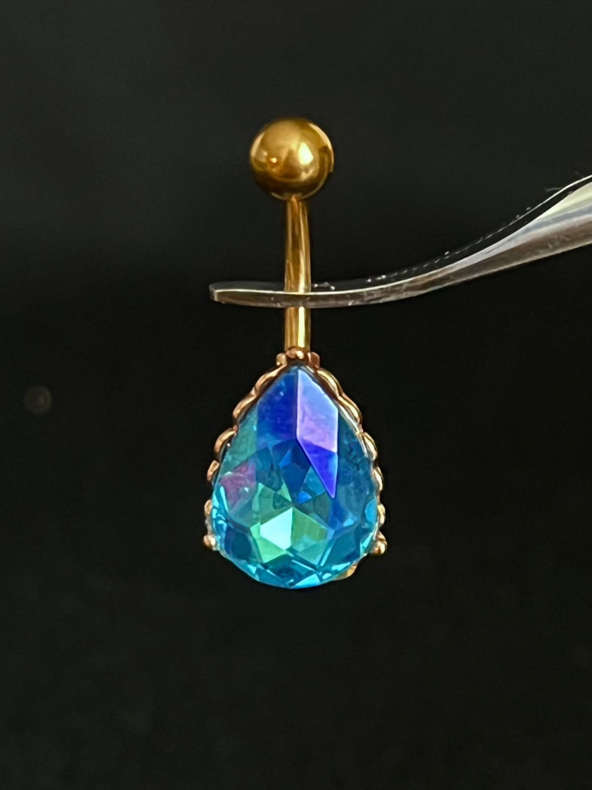 1 Piece Brilliant AB Effect Tear Drop Gem with Heart Filigree Back Rose Gold Belly Ring - 14g - Available in a Variety of Colors!