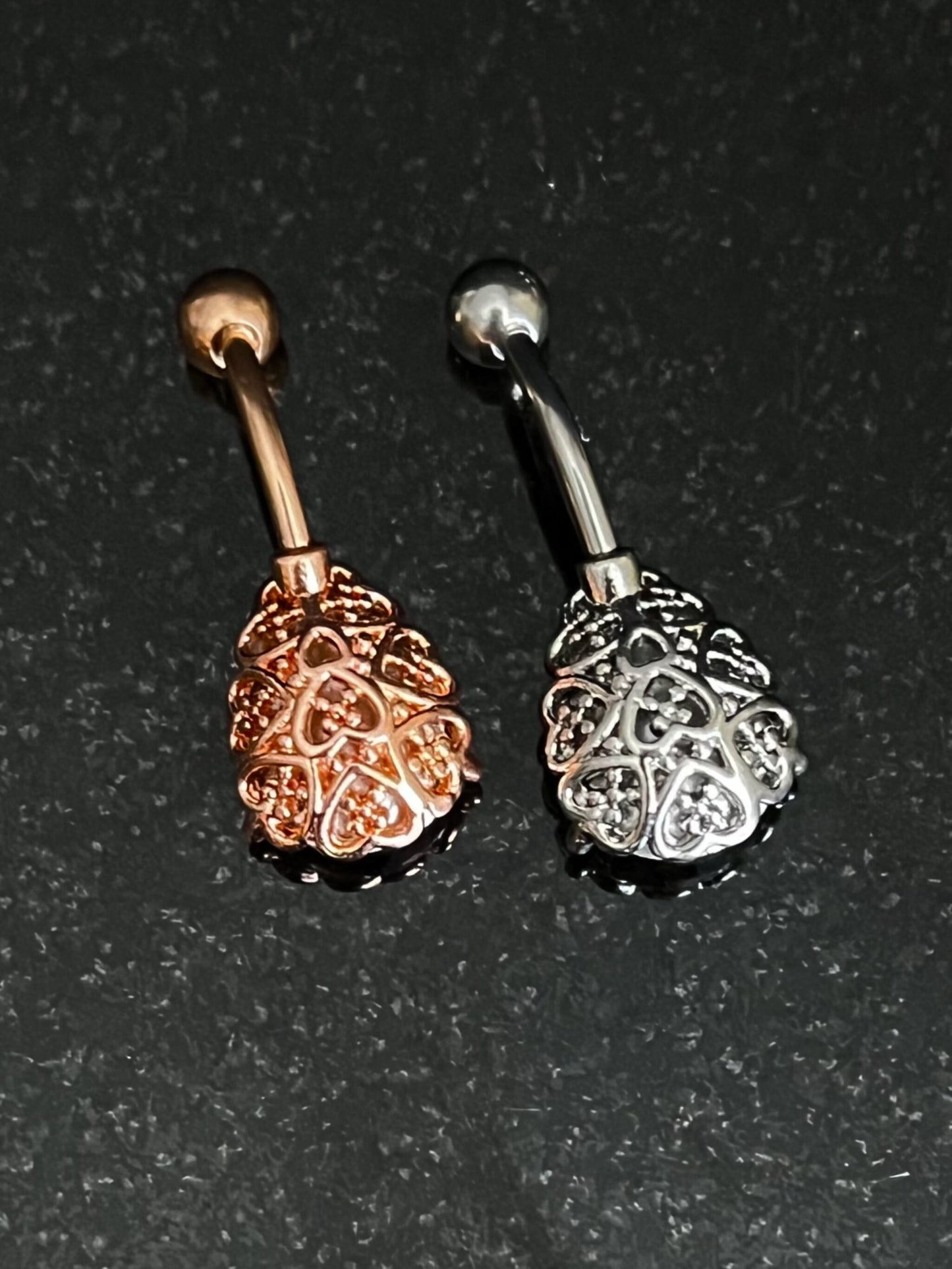 1 Piece Brilliant AB Effect Tear Drop Gem with Heart Filigree Back Rose Gold Belly Ring - 14g - Available in a Variety of Colors!