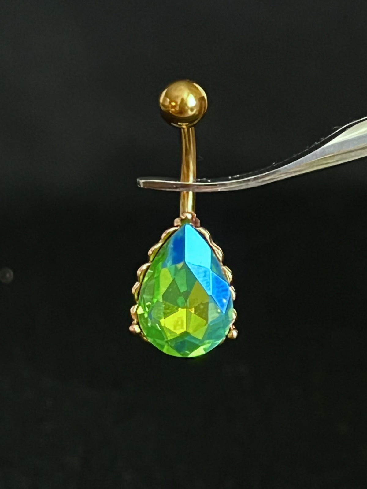 1 Piece Brilliant AB Effect Tear Drop Gem with Heart Filigree Back Rose Gold Belly Ring - 14g - Available in a Variety of Colors!