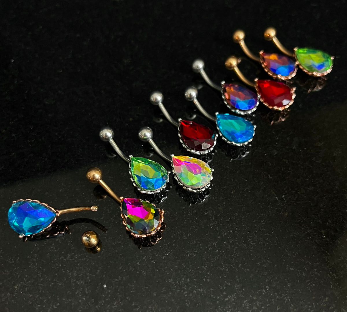 1 Piece Brilliant AB Effect Tear Drop Gem with Heart Filigree Back Rose Gold Belly Ring - 14g - Available in a Variety of Colors!