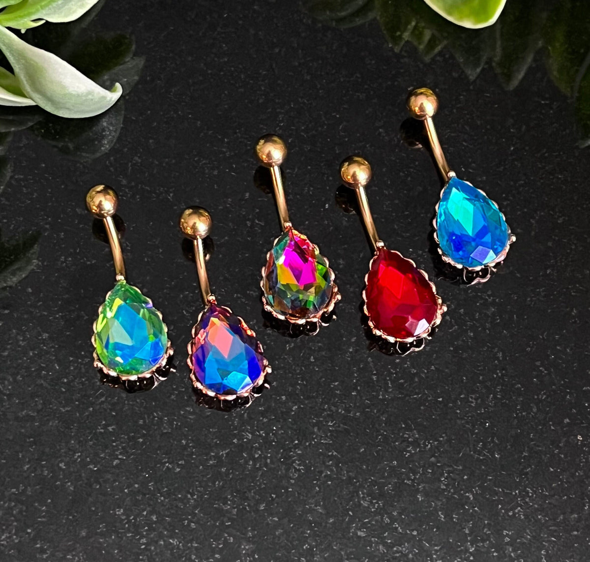 1 Piece Brilliant AB Effect Tear Drop Gem with Heart Filigree Back Rose Gold Belly Ring - 14g - Available in a Variety of Colors!