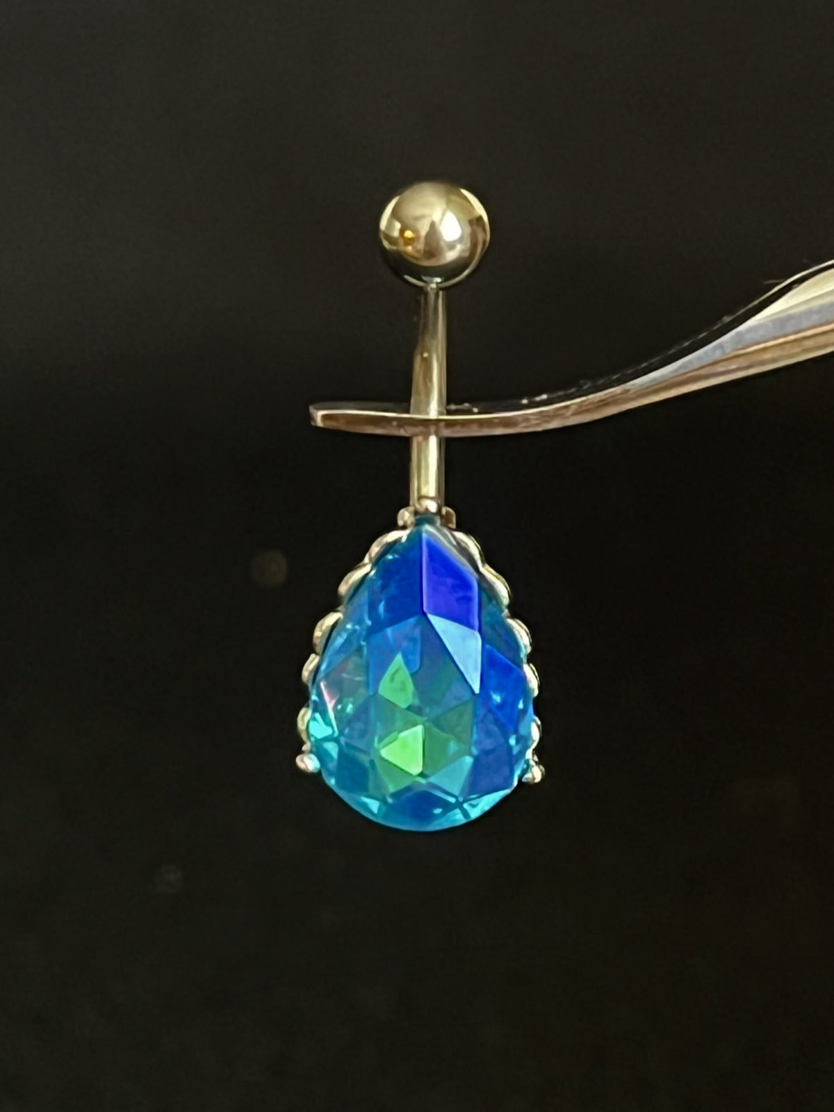 1 Piece Stunning AB Effect Tear Drop Gem with Heart Filigree Back Steel Belly Ring - 14g - Available in a Variety of Colors!