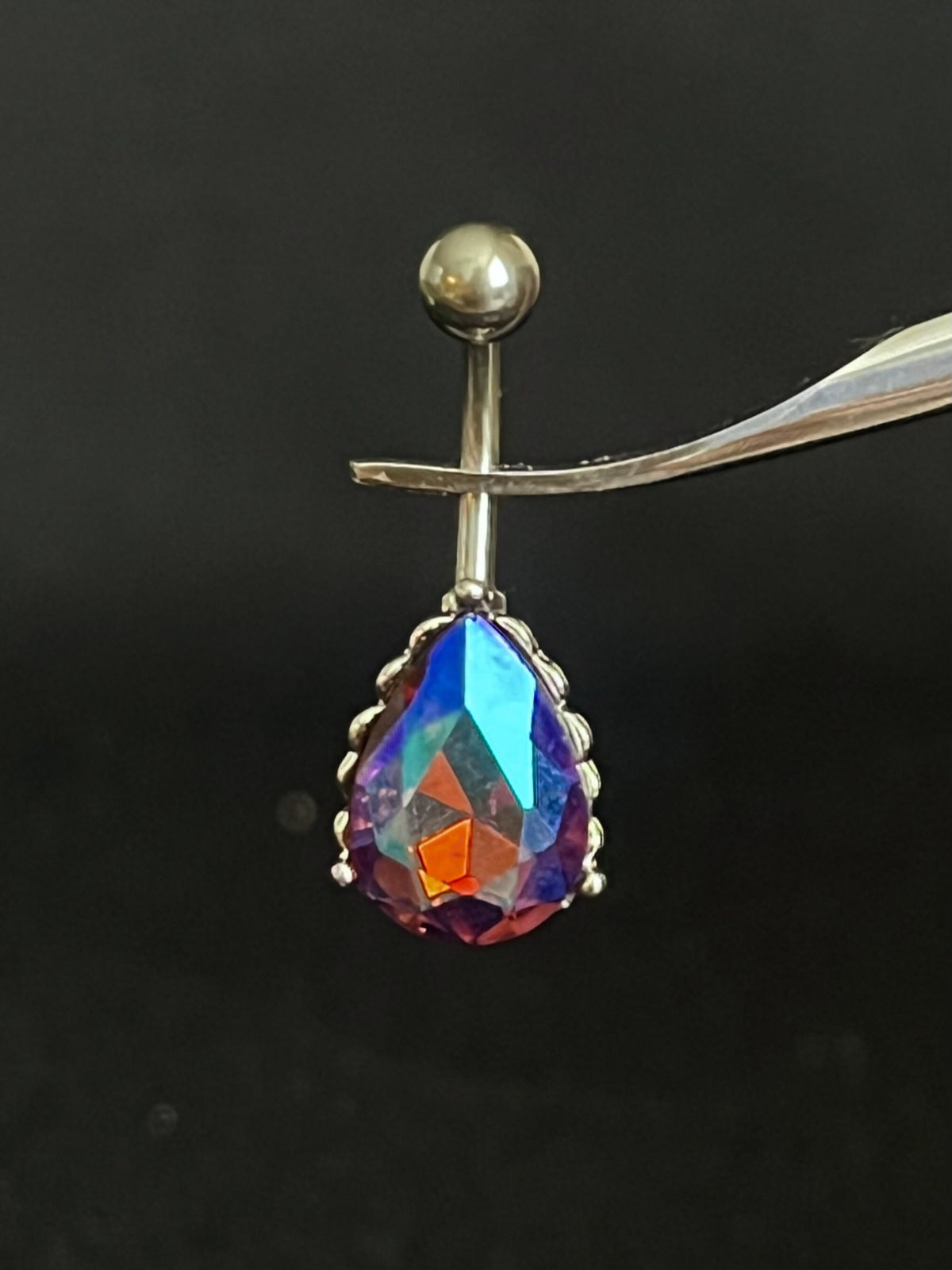 1 Piece Stunning AB Effect Tear Drop Gem with Heart Filigree Back Steel Belly Ring - 14g - Available in a Variety of Colors!