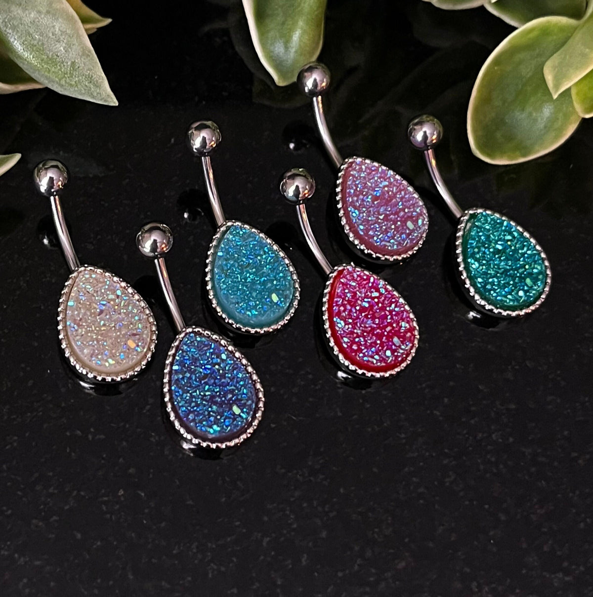 1 Piece Beautiful Tear Drop Druzy Stone Teardrop Steel Belly Ring - 14g - Available in a Variety of Colors!