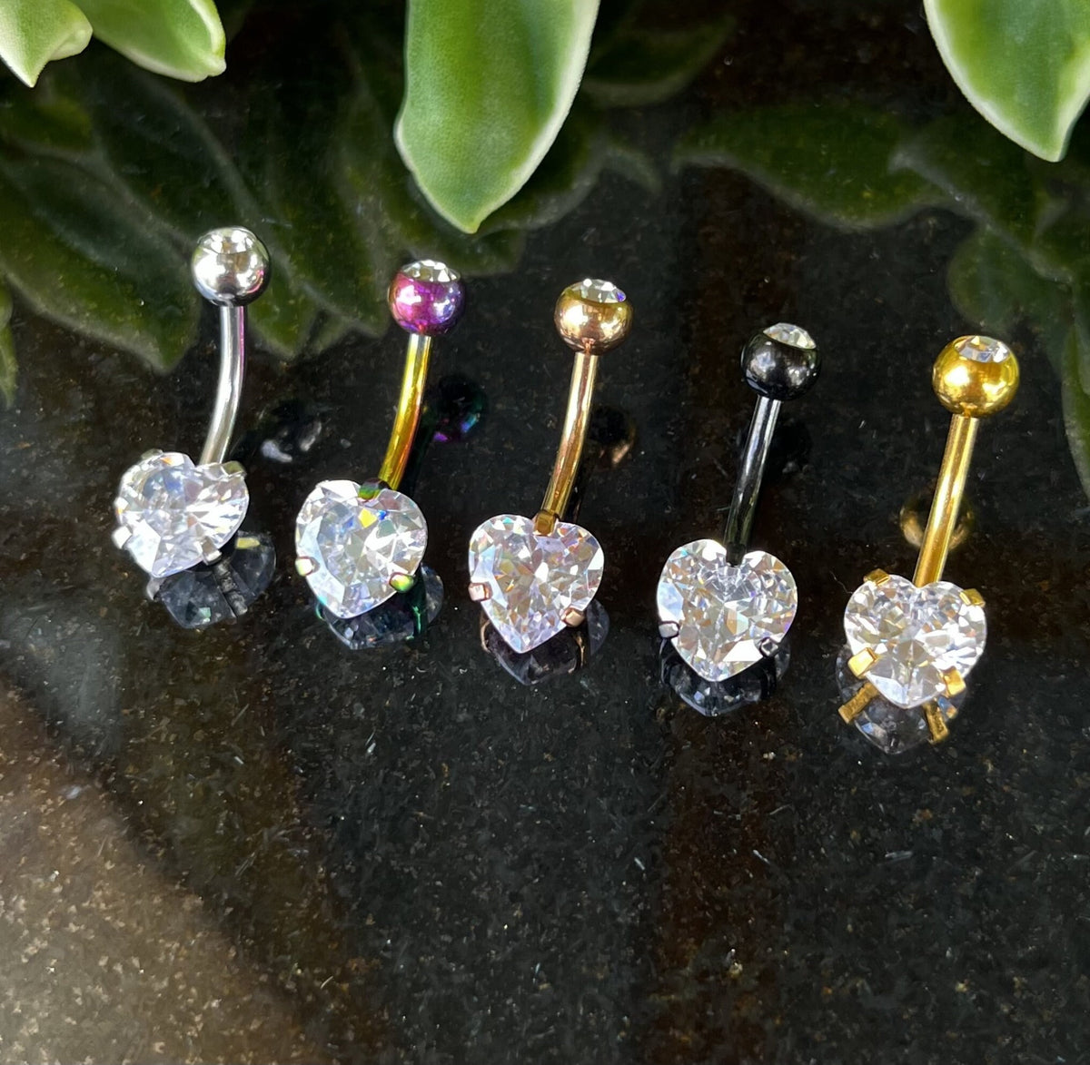 1 Piece Beautiful Prong Set 8mm CZ Gem Heart Navel / Naval Belly Ring - 14g - Silver, Black, Gold, Rose Gold and Multi-Color Available!