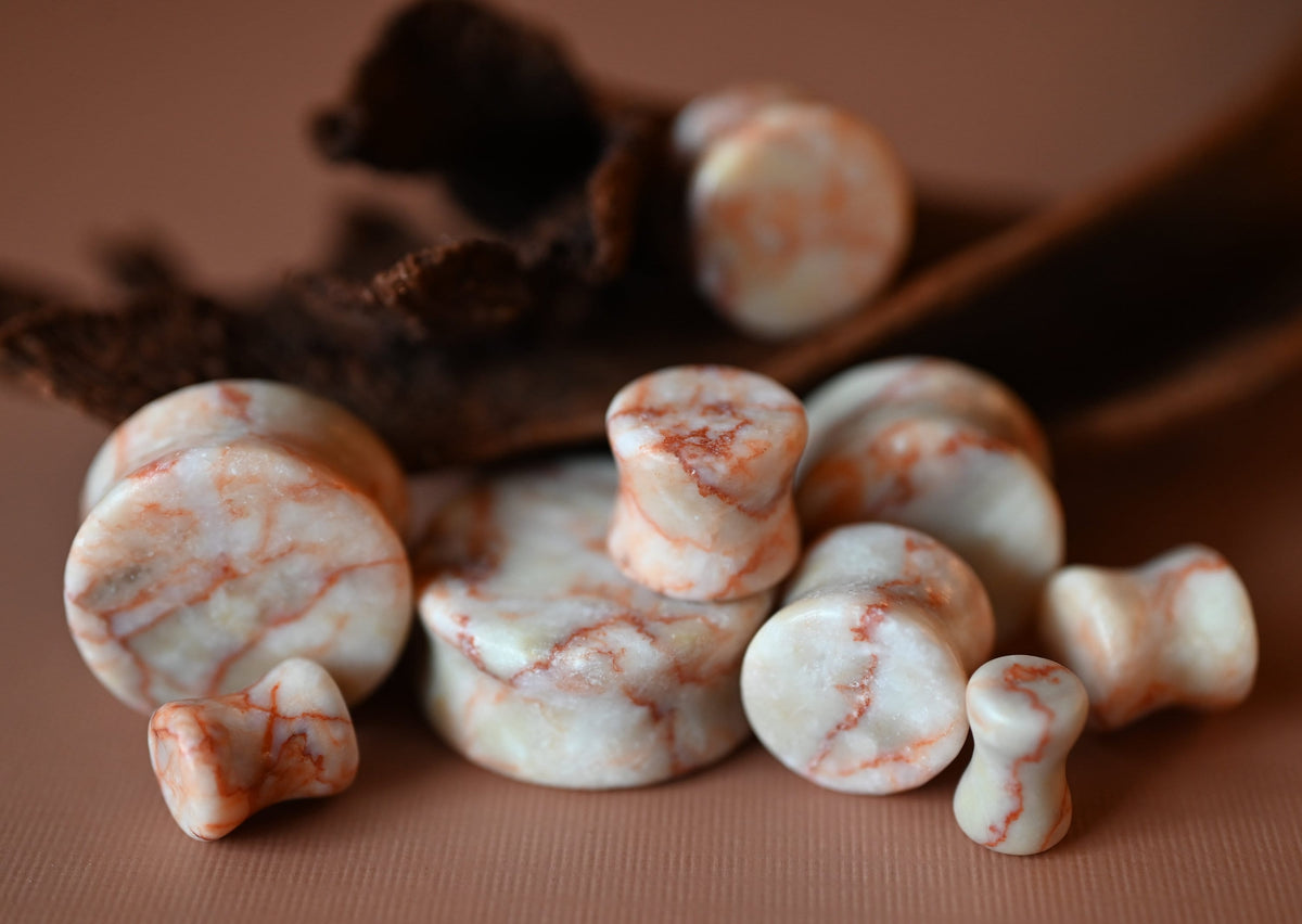 PAIR of Stunning Red Net Jasper Stone Double Flare Plugs - Gauges 2g (6mm) thru 1" (25mm) available!