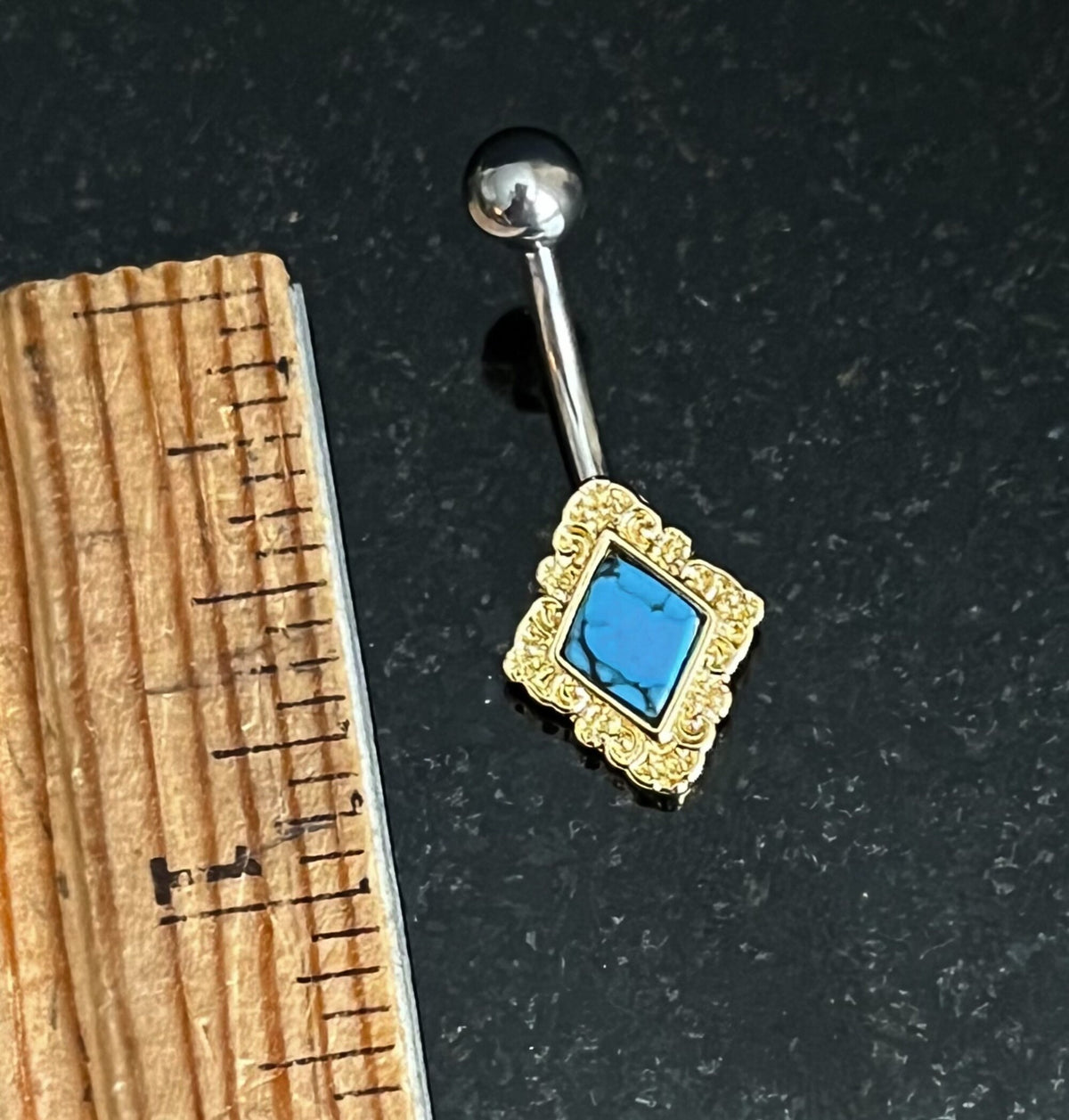 1 Piece Stunning Diamond-Shaped Filigree Edge Turquoise Navel / Naval Belly Button Ring - 14g - 10mm - Silver, Gold and Rose Gold Available!